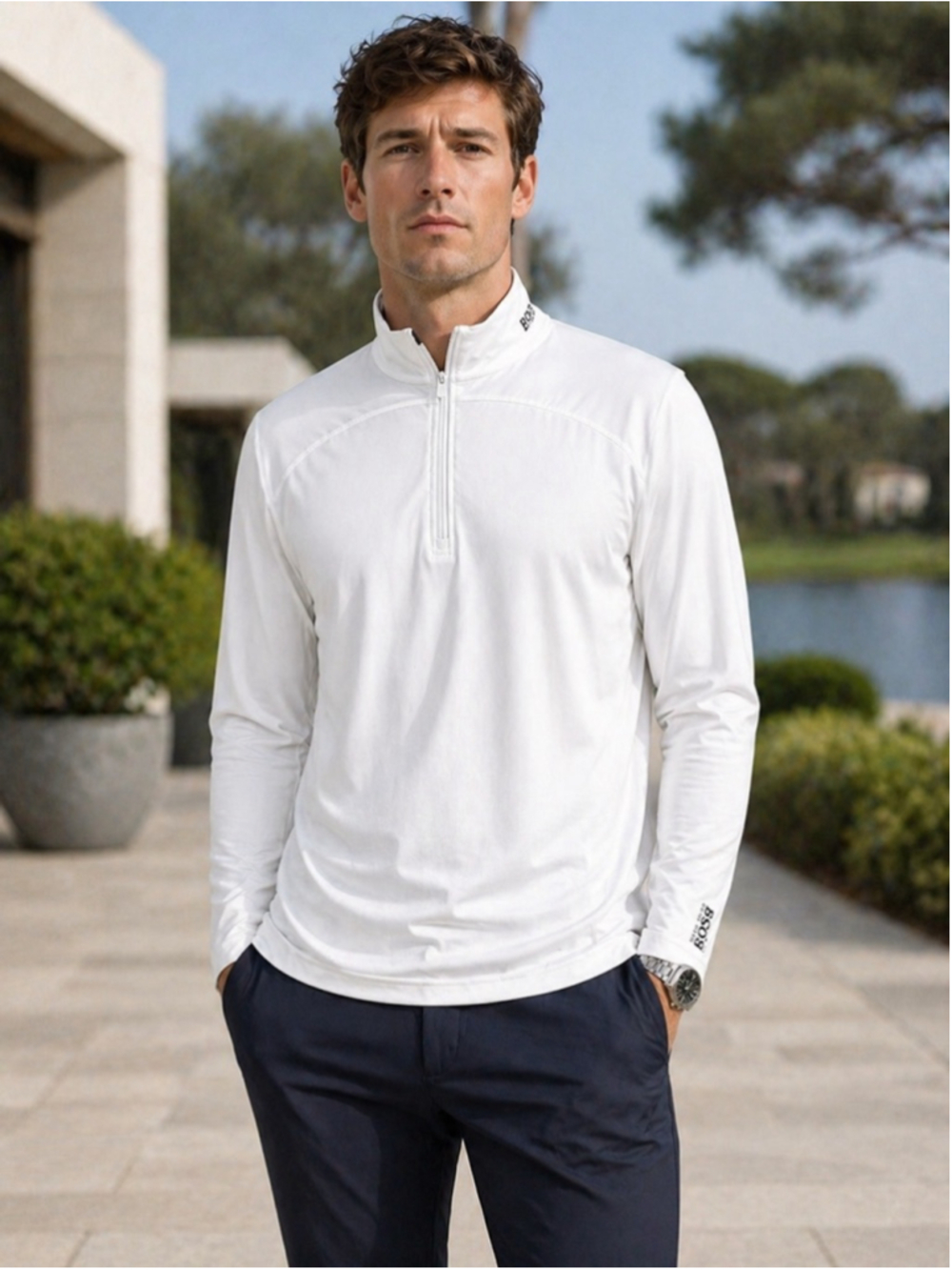 Hugo Boss Polo Men’s L 1/4 Zip Long Sleeve Premium Golf Athleisure Minimal White